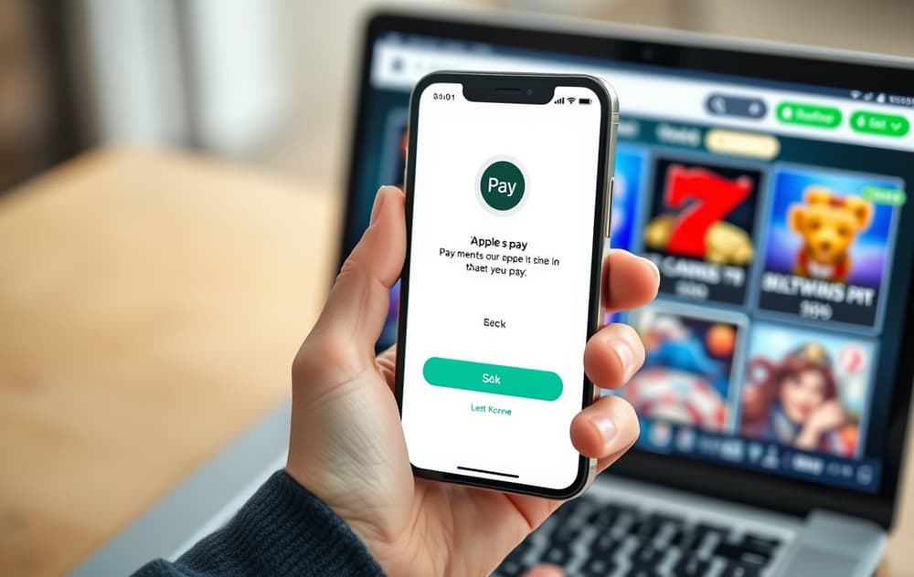Person som bekrefter Apple Pay-betaling på et nettcasino via iPhone med Face ID.