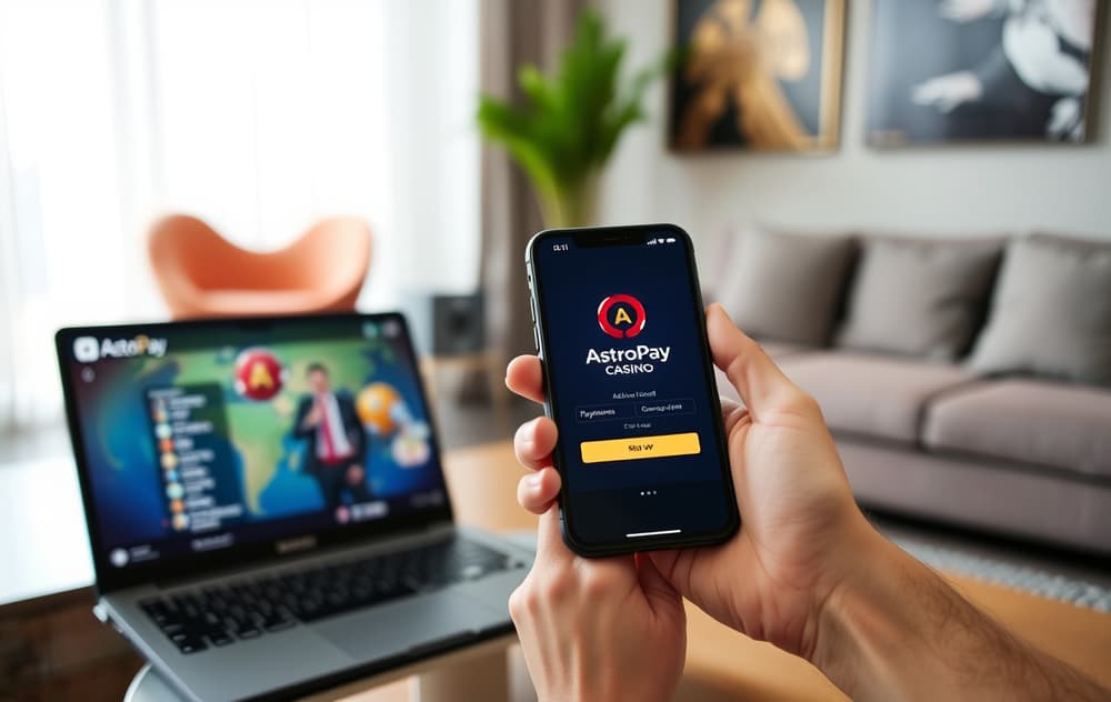 Person med mobil med AstroPay-appen og laptop med casino-kasse, AstroPay valgt som betalingsmetode.