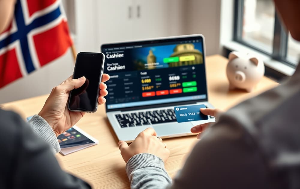 Norsk spiller som sjekker casino-uttak på mobil og pc, med bankkort og sparegris synlig.