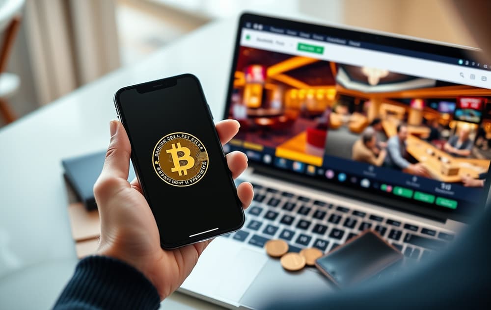 Person med mobil som skanner Bitcoin QR-kode for casino-innskudd, med laptop og kryptolommebok synlig.
