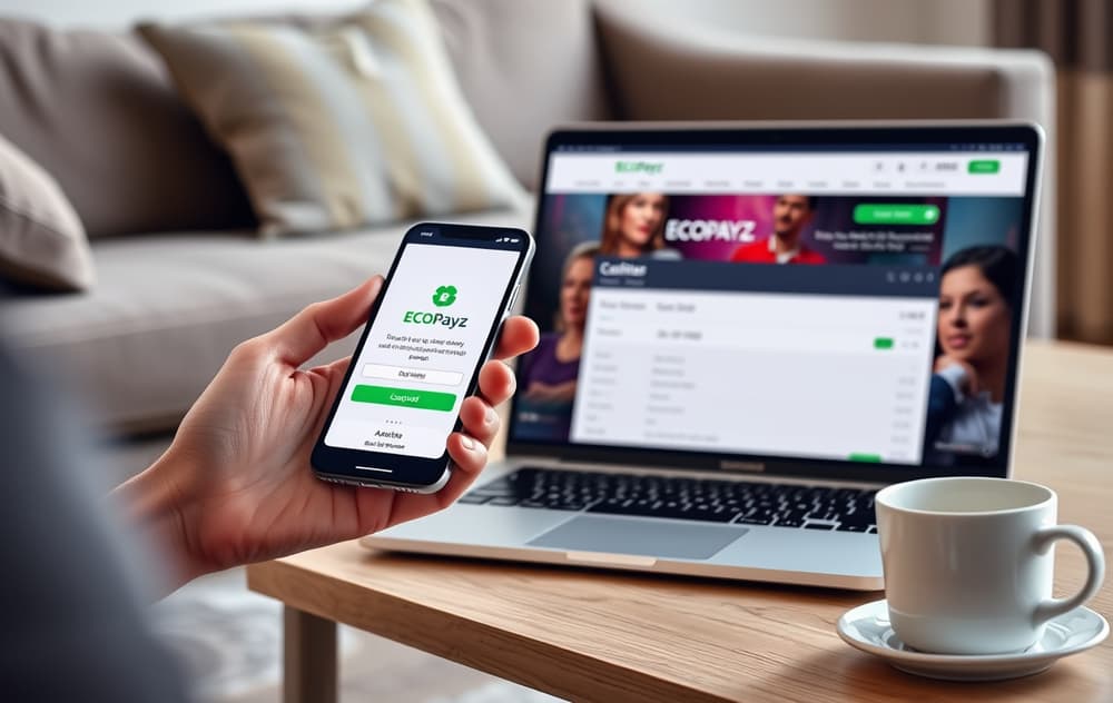 Person som bruker Ecopayz-appen på mobilen ved siden av en laptop med casino-kasse.