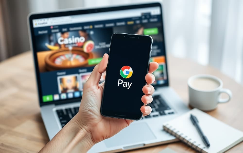 Person som holder Android-telefon med Google Pay-logo, foran en laptop med et casino på skjermen.