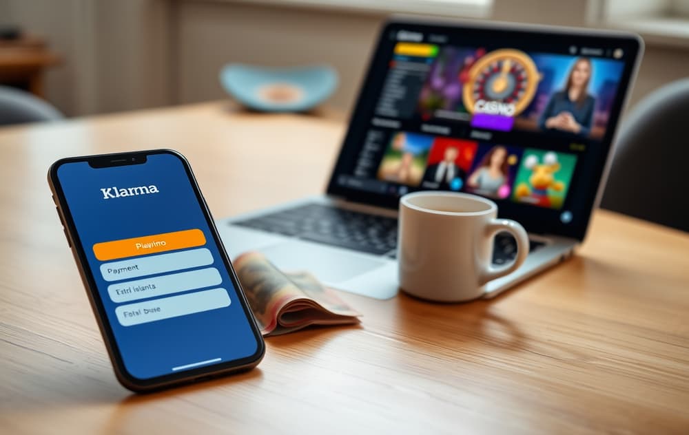 Mobiltelefon med Klarna-app og laptop med casino-lobby – illustrasjon av betalingsmetode