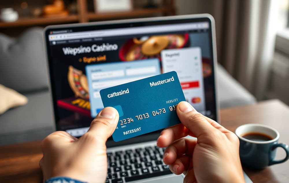 Hånd som holder Mastercard debetkort foran en laptop med casinoinnskuddsskjerm.