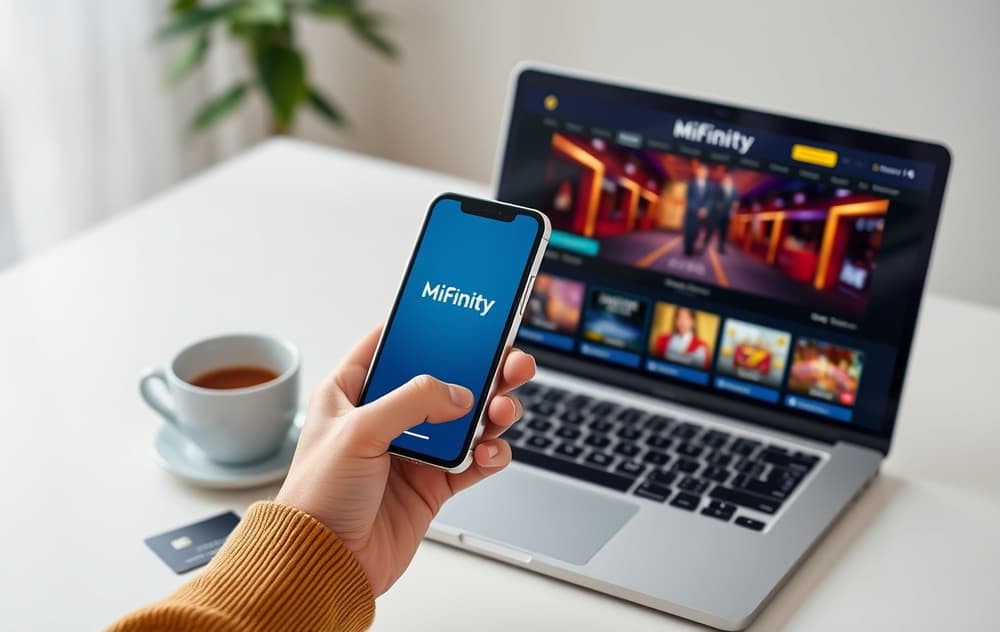 En person som bruker MiFinity-appen på mobilen foran en laptop med et casino, med kredittkort og kaffe på bordet.