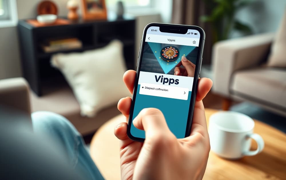 En person holder en mobiltelefon med en casinoinnskuddsbekreftelse på skjermen, Vipps-logo synlig. Bakgrunn er en stue med kaffekopp.