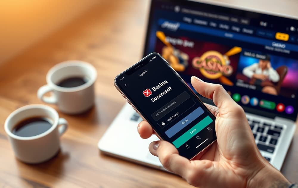Person med mobiltelefon som viser MuchBetter-appen med en vellykket casinoinnskudd, i bakgrunnen en laptop og en kaffekopp.