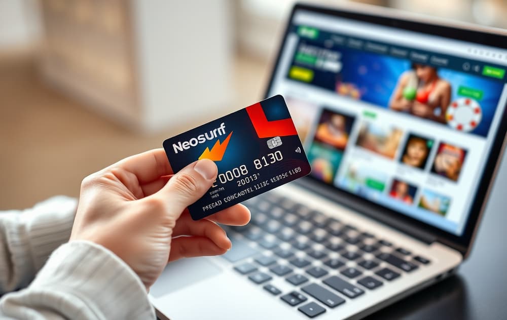 Person som holder en Neosurf-kupong med PIN-kode foran en laptop med casino på skjermen