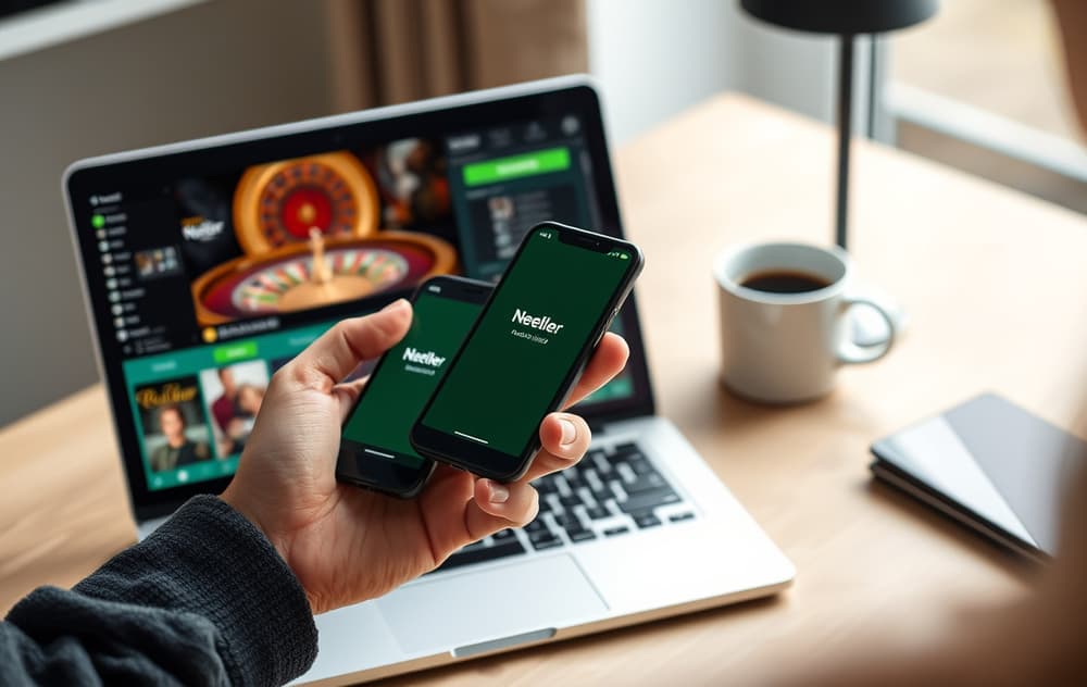 Person med mobil og laptop, Neteller-app og casinospill – ansvarlig spilling