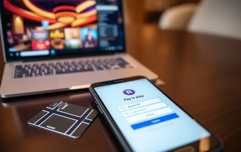 Mobiltelefon med BankID-innlogging for Pay n play på et casino, med norsk bankkort ved siden av.