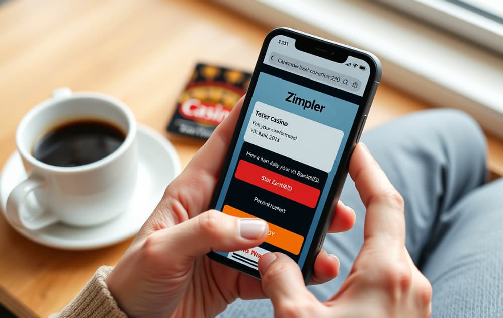 En person som betaler på et casino via Zimpler på mobilen, BankID-bekreftelse vises på skjermen.