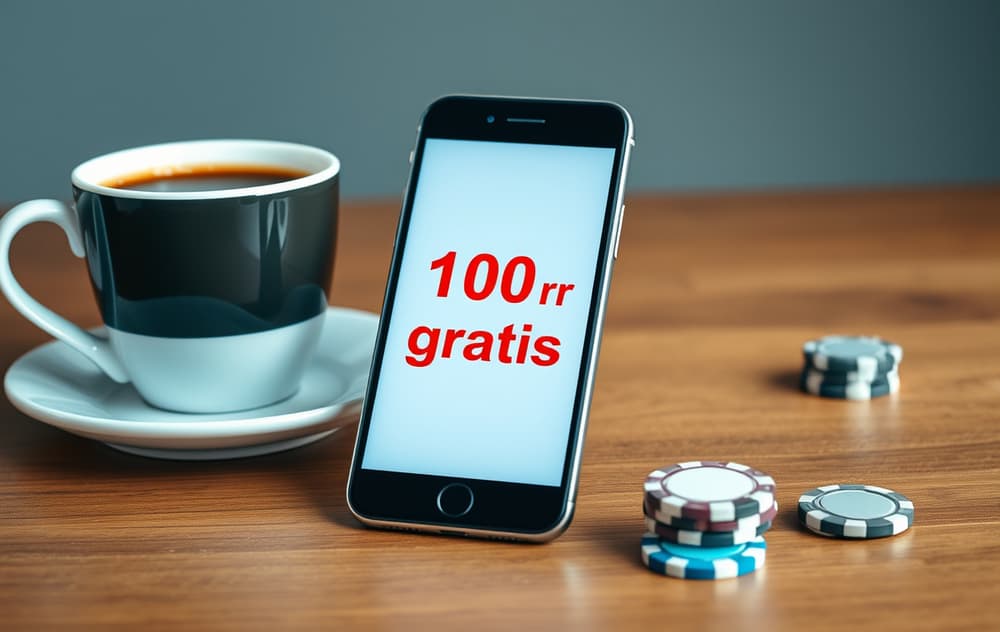 Smarttelefon som viser 100 kr gratis bonusskjerm, med kaffekopp og jetoner på et trebord.