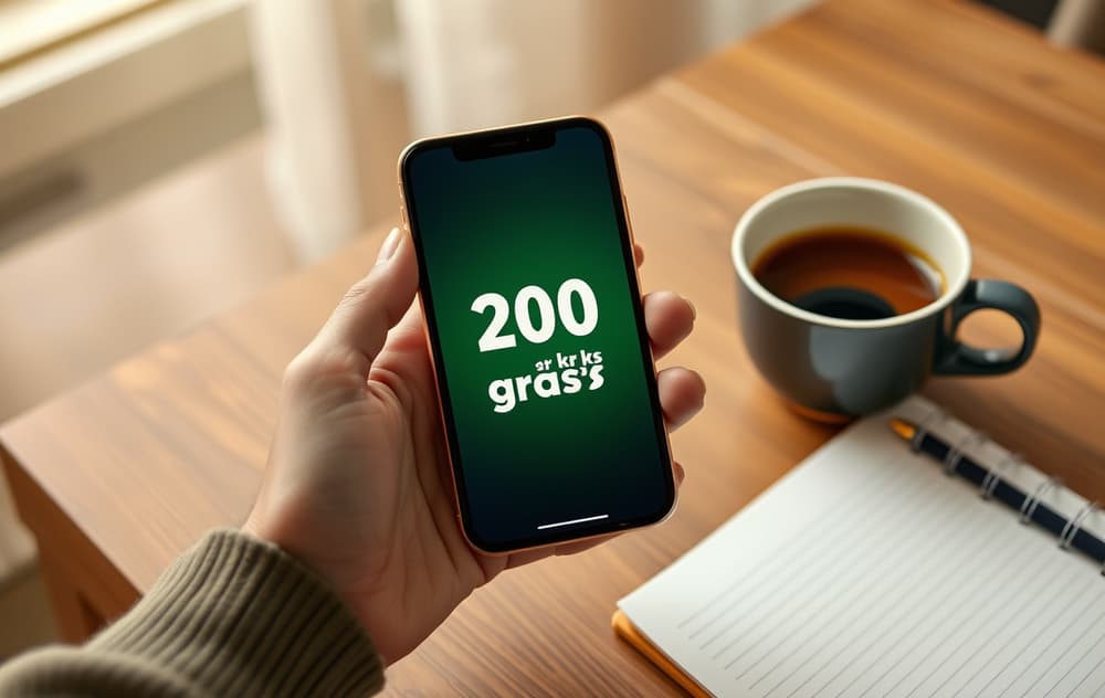 Person som holder en mobiltelefon med en casino-bonus på 200 kr gratis, ved siden av en kopp kaffe og notatbok.