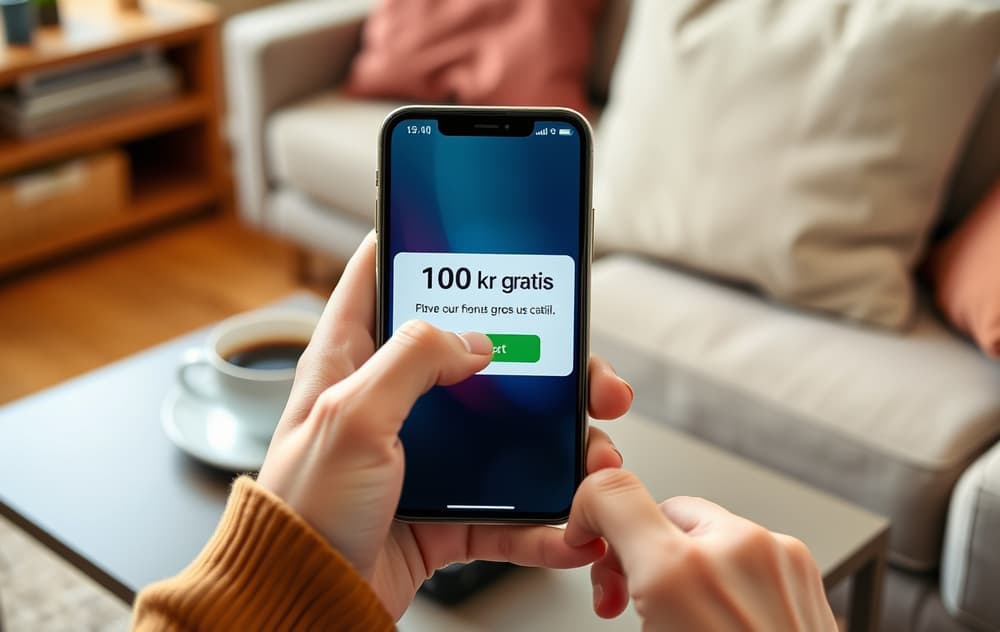 Person mottar casinobonus uten innskudd på mobiltelefon i stuen