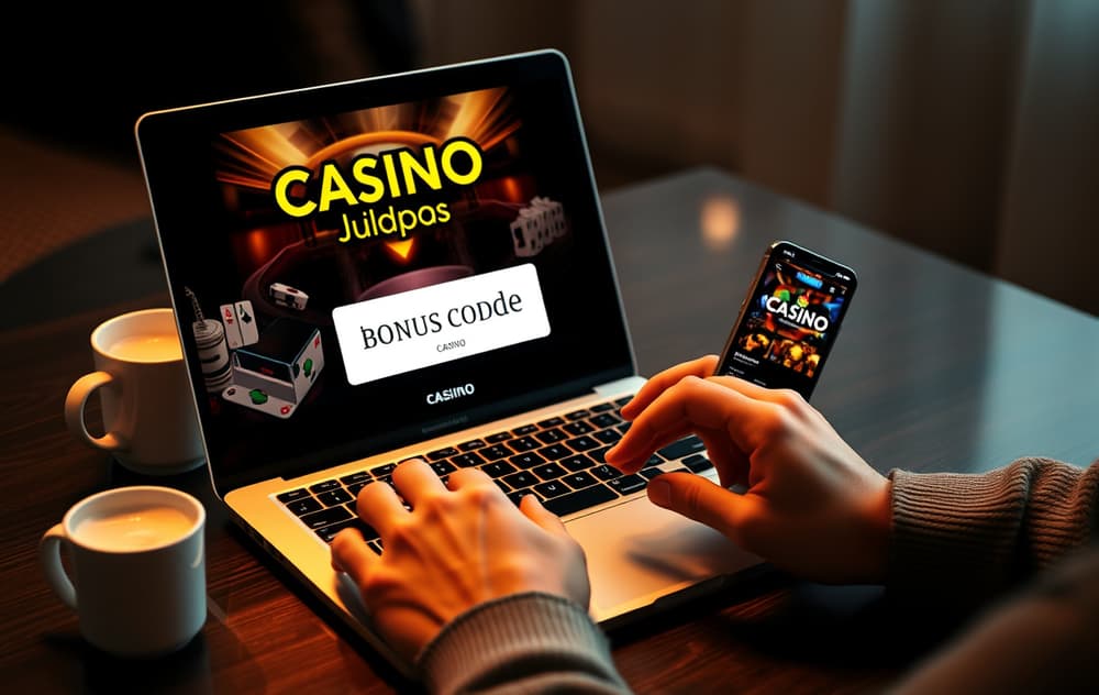 Person som skriver inn en bonuskode på en bærbar PC, med kaffekopp og mobiltelefon som viser et casino-grensesnitt