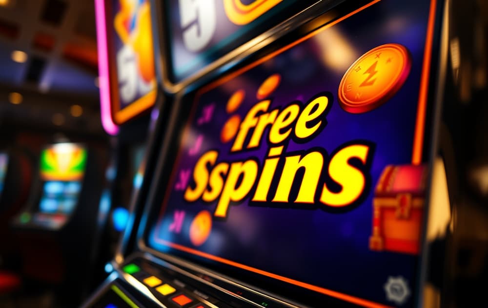 Nærbilde av spilleautomat med freespins-symboler og gullmynter.