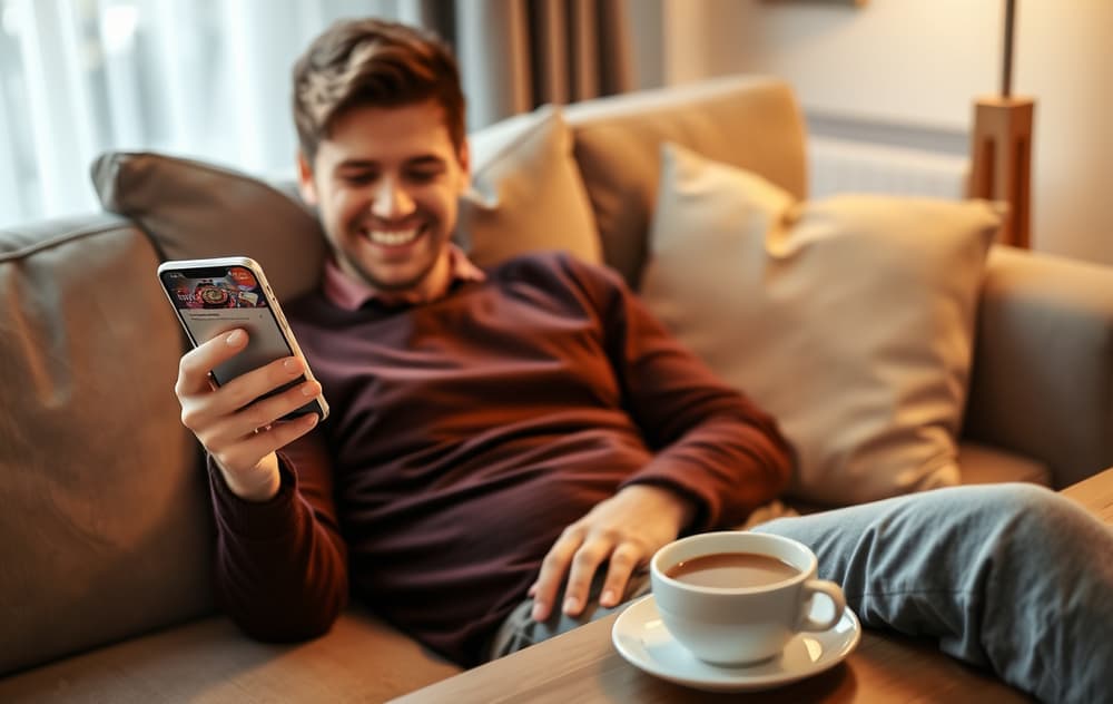 Person som ser på innskuddsbonus på mobiltelefon i stuen.
