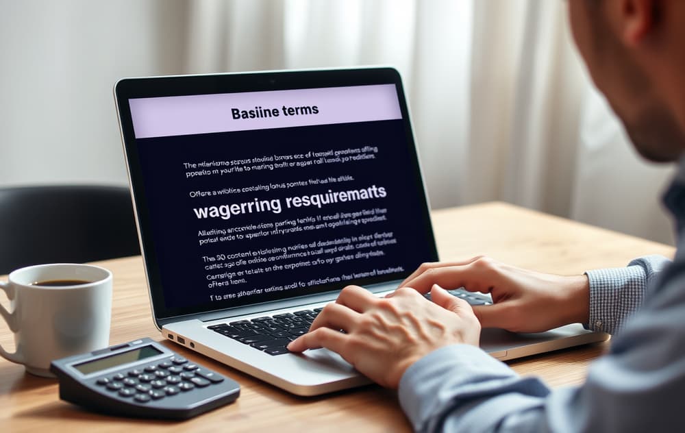 En person leser bonusvilkår på en bærbar PC med kalkulator og kaffekopp, skeptisk ansiktsuttrykk.