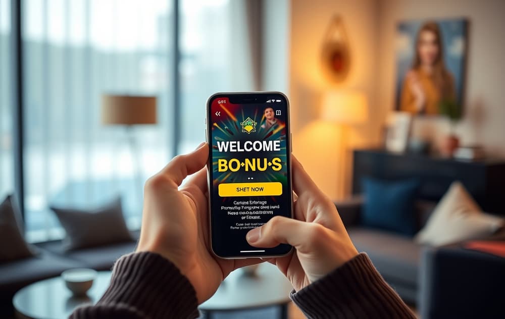 En person holder en mobiltelefon som viser et tilbud om velkomstbonus fra et nettcasino, fotorealistisk bilde