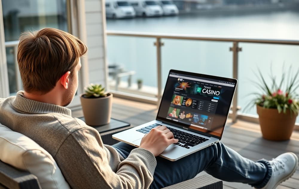 Ung person som tester et nytt casino på mobilen i en moderne norsk stue