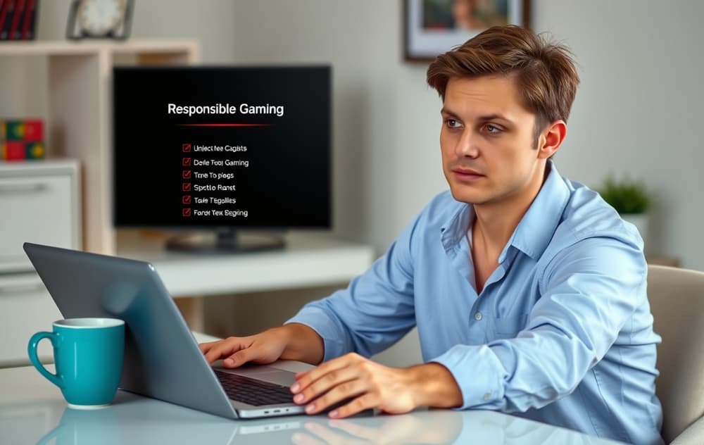 En person som sitter ved en laptop med en ansvarlig spilling-sjekkliste på skjermen, i et rolig hjemmekontor.