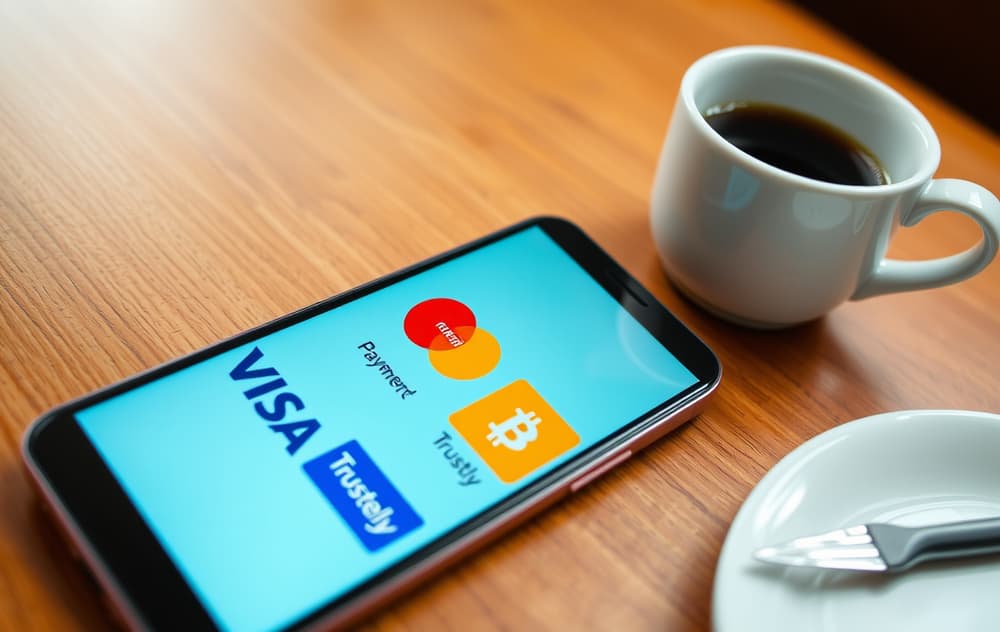 Betalingmetoder for nettcasino vist på mobilskjerm med kredittkort og kryptologoer.