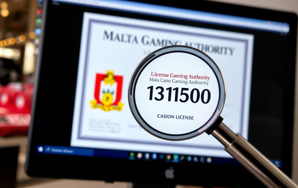 Nærbilde av en skjerm som viser et MGA-lisensbevis med forstørrelsesglass over lisensnummeret.