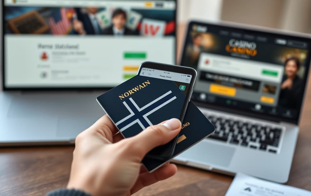 En hånd som holder et norsk pass og en mobiltelefon med bankutskrift, ved siden av en laptop med casino-verifiseringsside