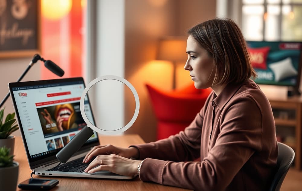 En person som undersøker et casino på en bærbar PC med forstørrelsesglass-ikon, symboliserer trygghet og research.