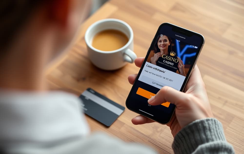 Person som holder en mobiltelefon med bekreftelse på casino uttak, bankkort og kaffekopp på bordet.