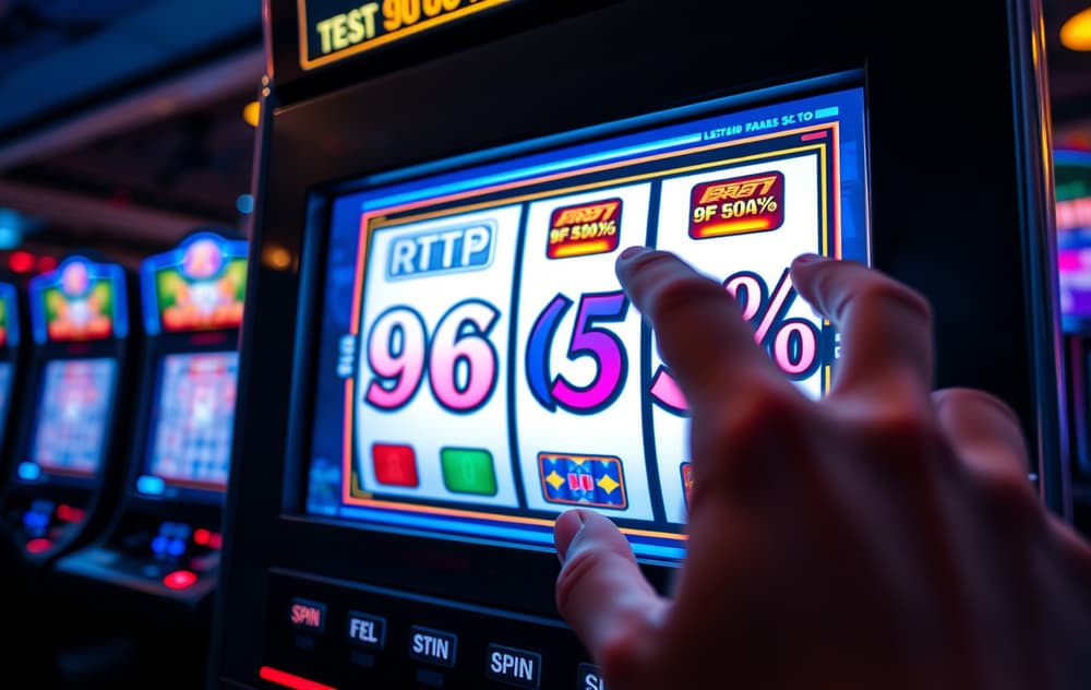 Spilleautomat som viser RTP 96,5 % på skjermen, med en spillers hånd over spinnknappen.