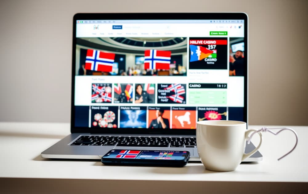 Sammenligning av beste nettcasino på laptop med norsk flagg og mobiltelefon