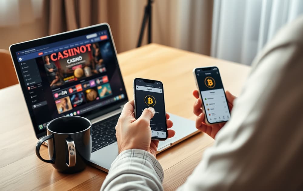 Person med mobil og laptop som viser casino med lavt innskudd, norske kroner synlig
