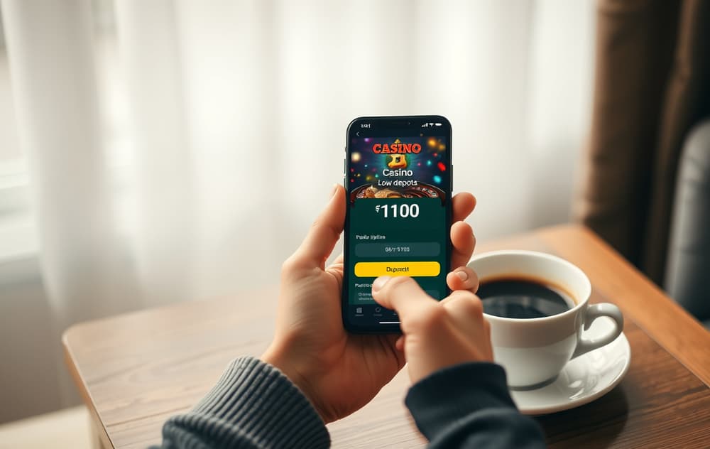 Person med mobiltelefon som viser casino med lavt innskudd på 100 kroner