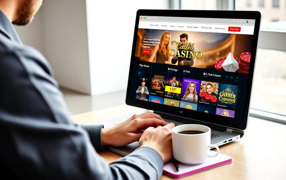 Person som tester casino uten registrering på laptop med kaffekopp
