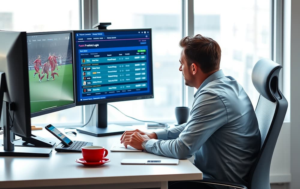 En person sammenligner fotballodds på en bettingside foran to skjermer