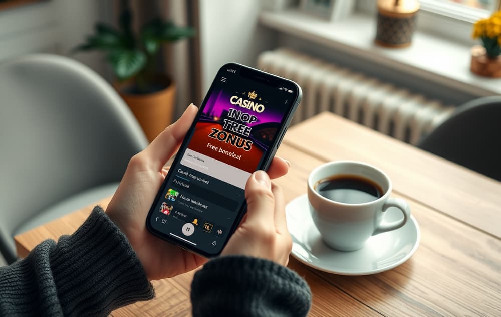 Person som holder en mobiltelefon med gratis casino-bonus på skjermen, kaffekopp på bordet