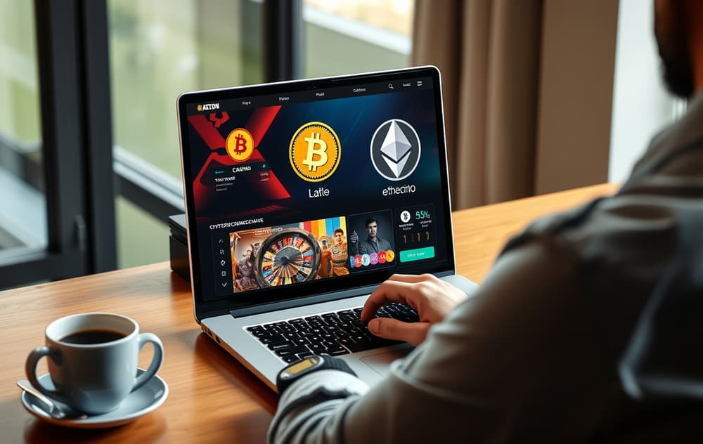 En person som sammenligner kryptocasinoer på en laptop med Bitcoinsymboler