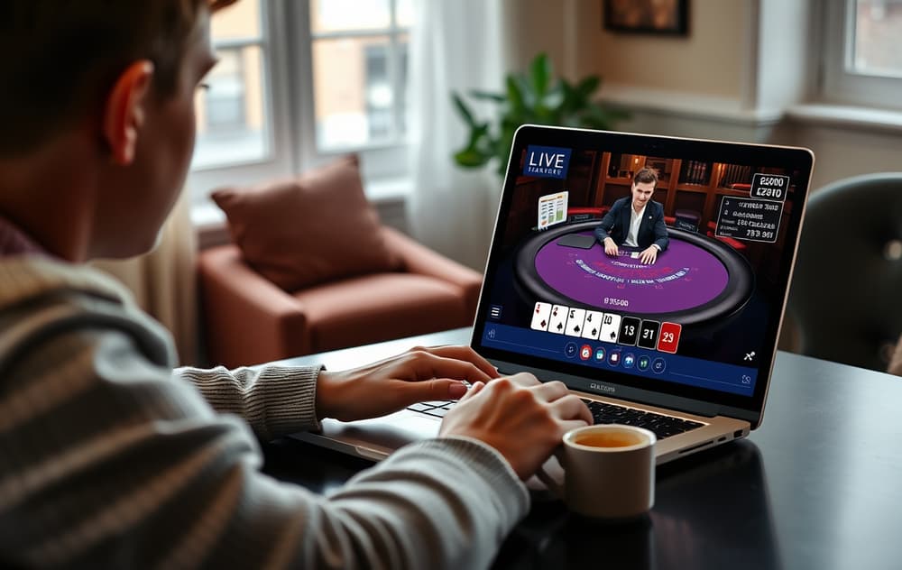 Person som spiller live blackjack på laptop med ekte dealer på skjermen – koselig stue, kaffekopp.