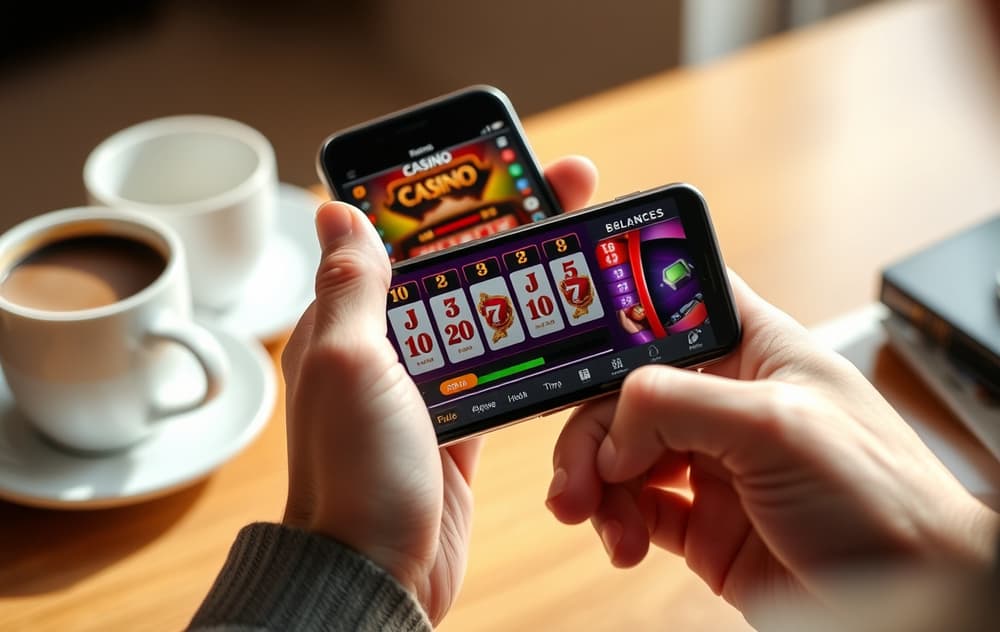 Person som spiller på mobilcasino med kaffekopp på bordet – realistisk stemning