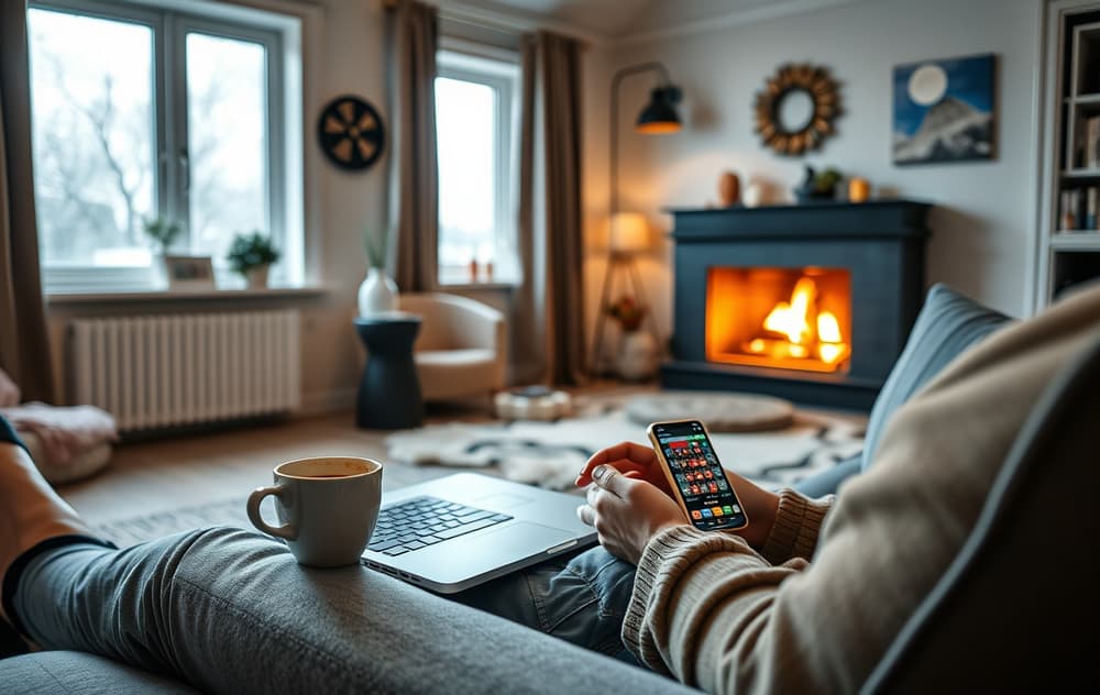 Person som spiller på nettcasino i en koselig norsk stue med laptop og mobil.