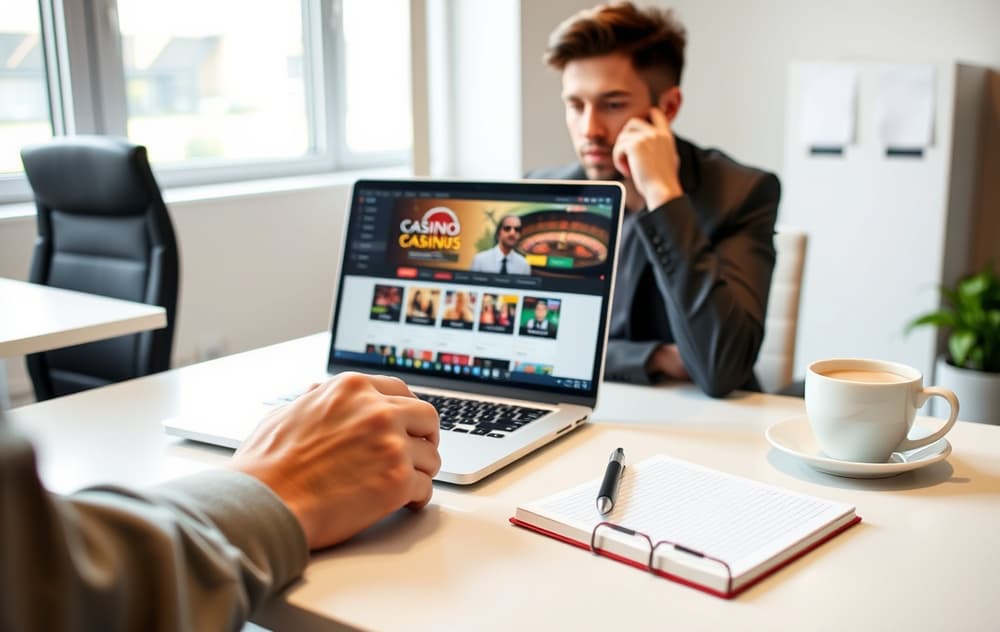 Person som sammenligner casinoer på nett ved skrivebordet.