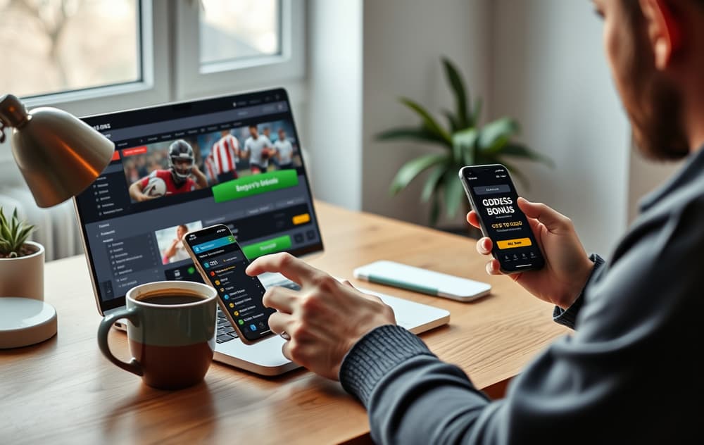 Person som sammenligner oddsbonuser på en bettingside med kaffekopp og mobiltelefon
