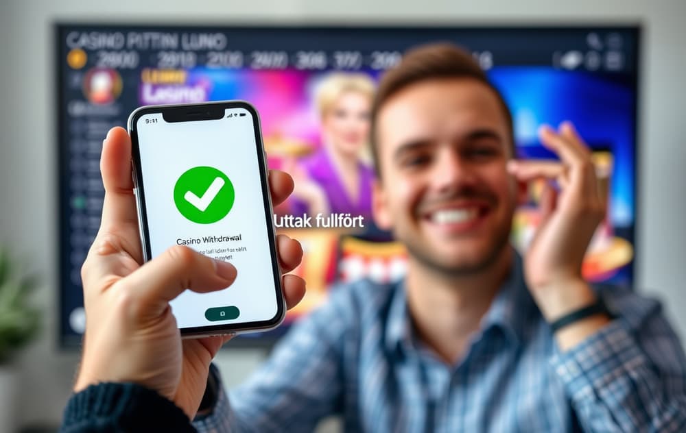 Person som holder en mobiltelefon med en bekreftelse på fullført uttak fra et nettcasino.
