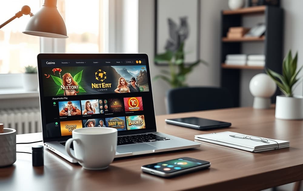 En person ved et skrivebord med laptop som viser et casinolobby med spilleautomater, kaffekopp og mobiltelefon med betalingsapp.