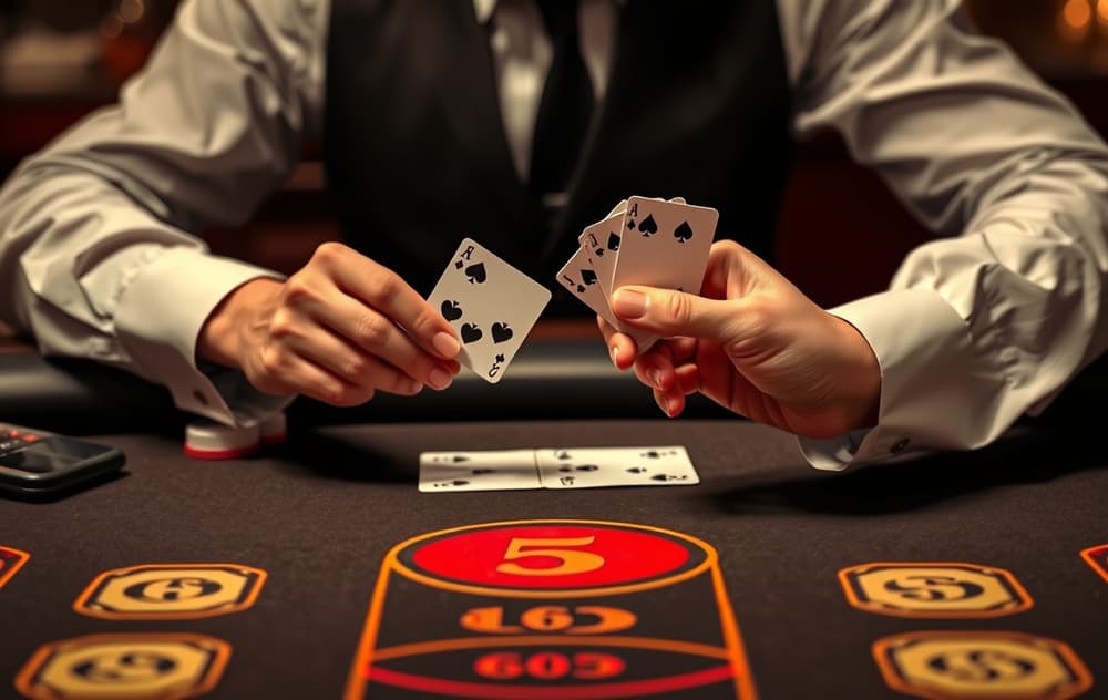 Live baccarat-bord med dealer og spillere, grønt filt, kortutdeling.