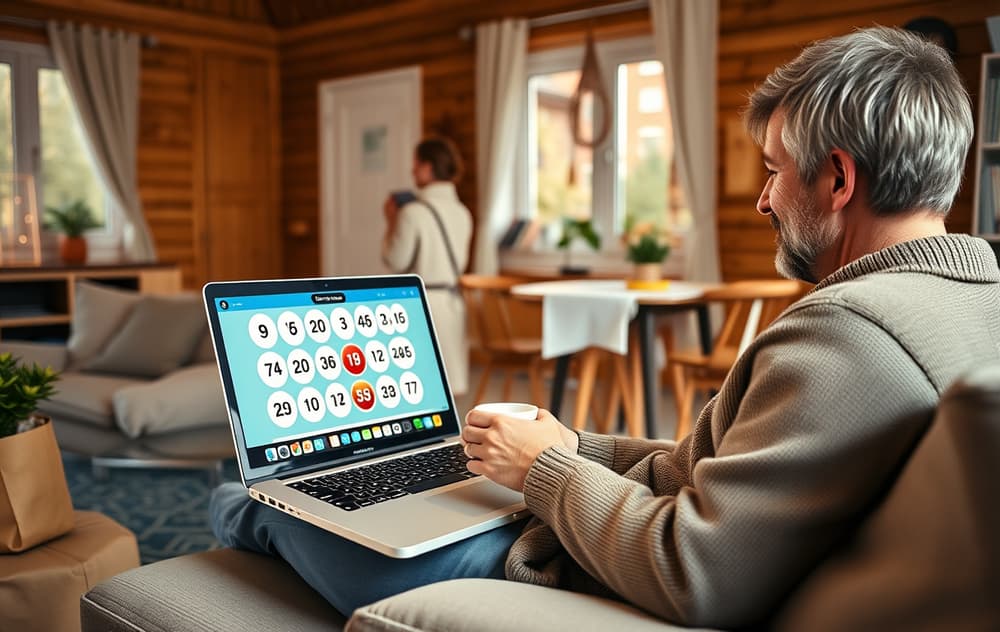 Person som spiller bingo på nett på laptop i en koselig norsk stue