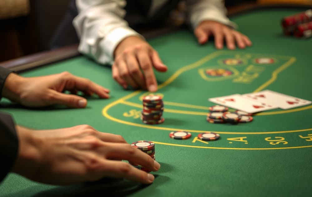 Hender som plasserer sjetonger på et blackjack-bord med grønt filt, dealer i bakgrunnen
