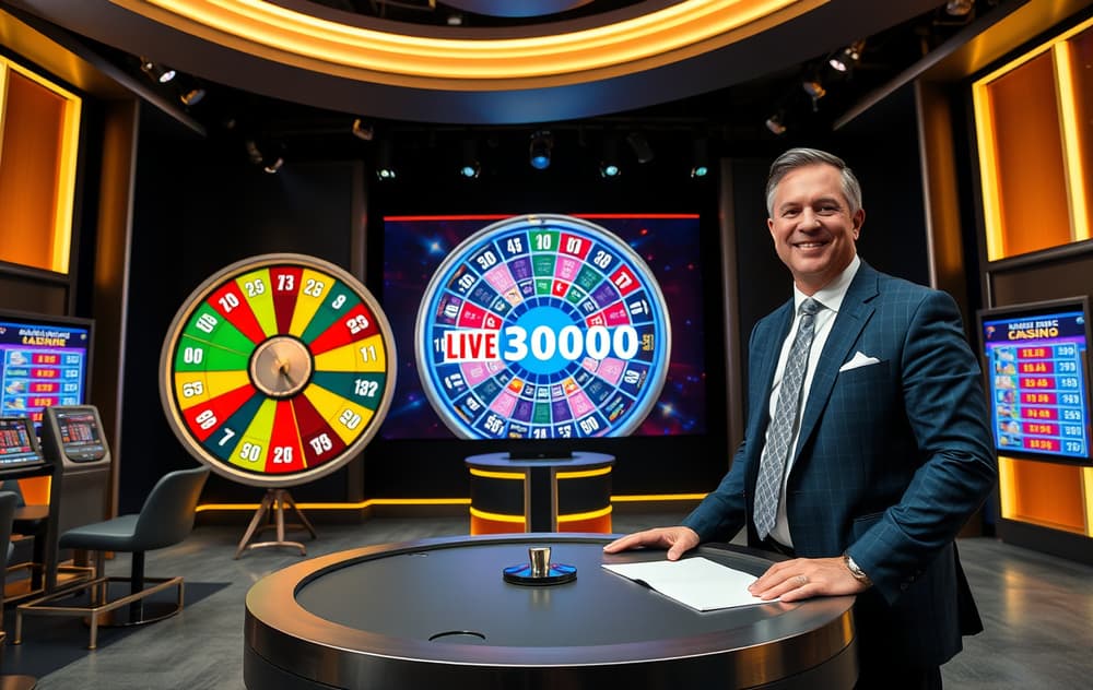 Live casino studio med Crazy Time-hjulet og en vert i dress