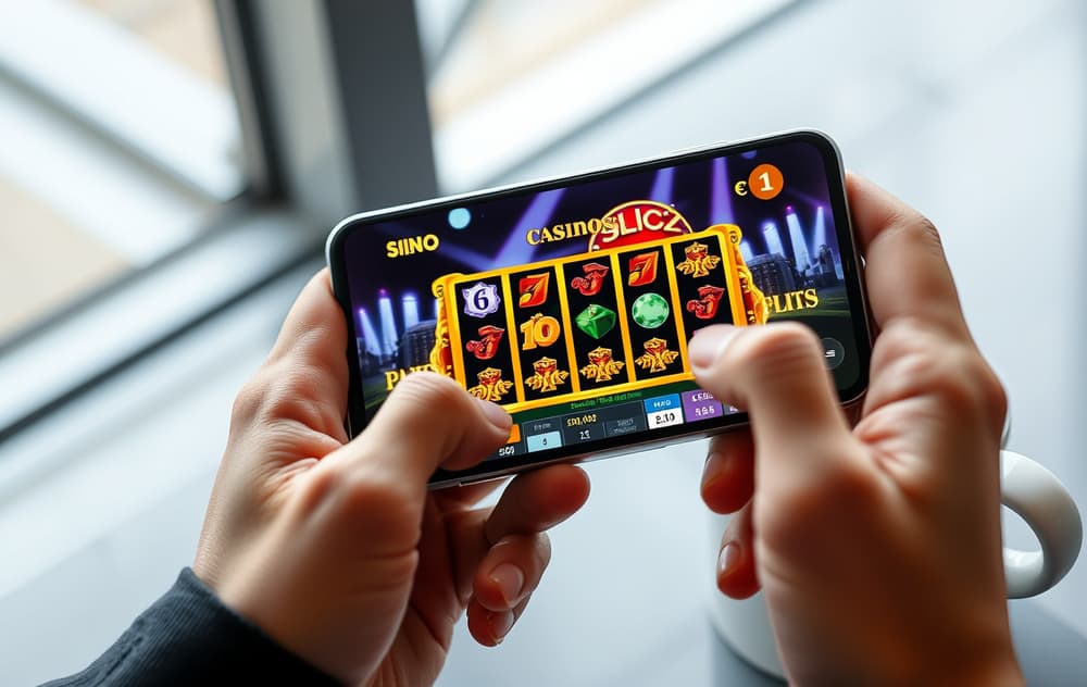 Person som spiller gratis spilleautomater på mobiltelefon med kaffekopp ved siden.